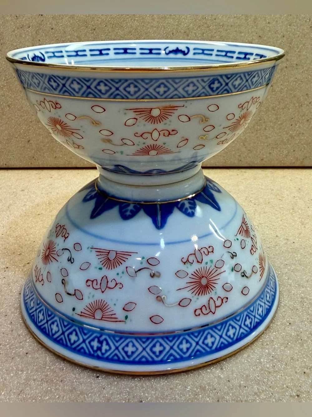 Asian Porcelain Rice Bowls - Set of 2 Chinese Floral White with Red, Blue, Gold
